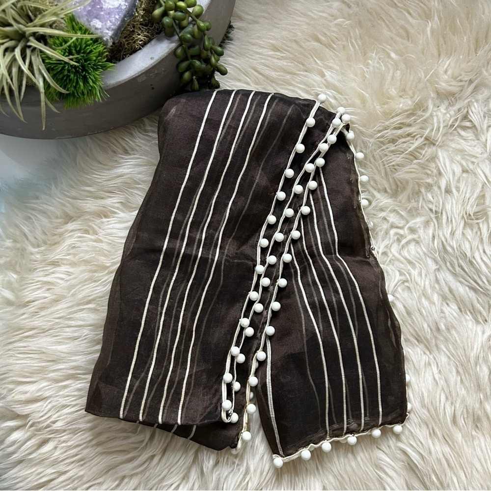 Vintage, brown, sheer straight beaded accent scarf accessory